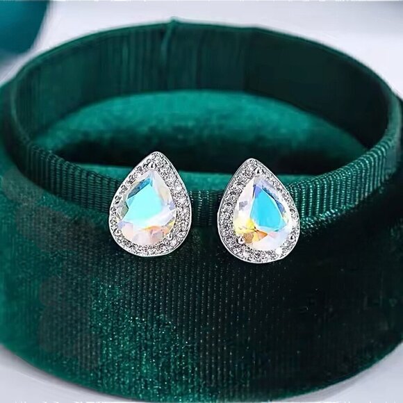 NWT Teardrop Stud Earrings Iridescent Crystal Halo Setting 14K Gold Plated - Picture 1 of 10